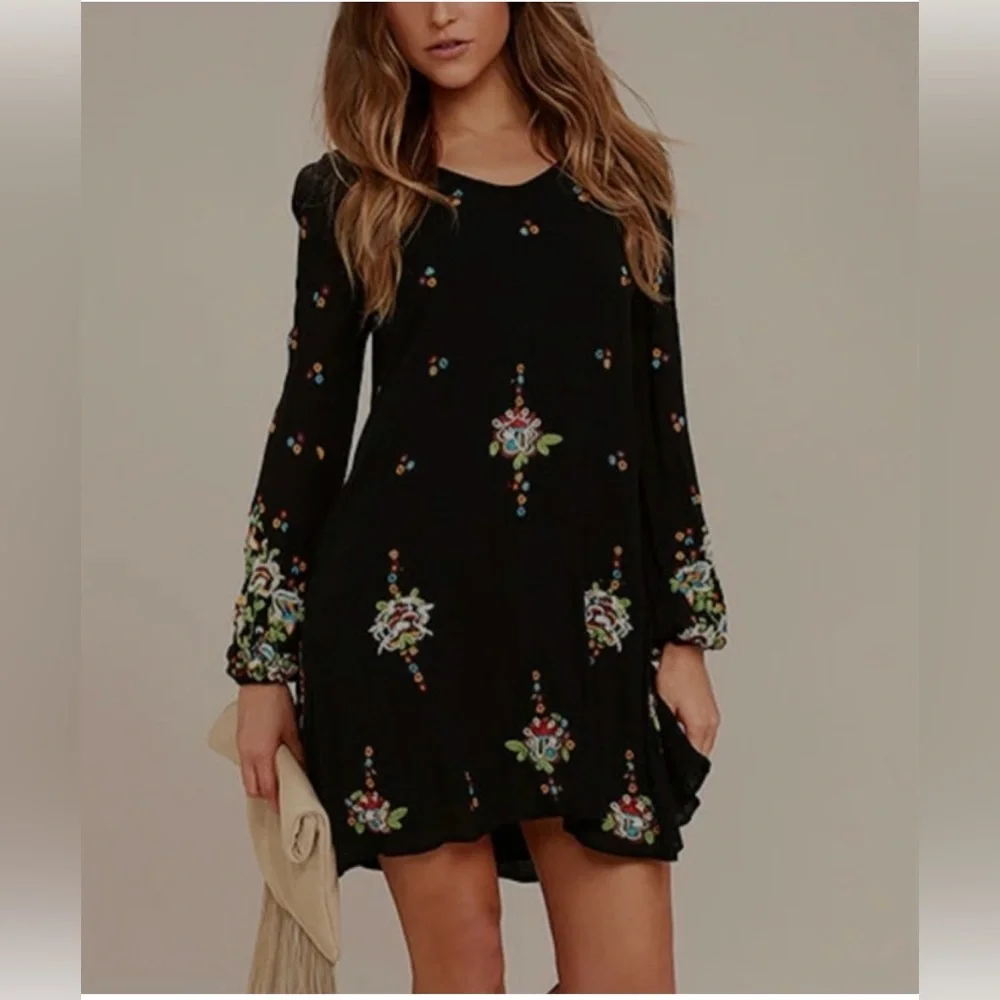 Free People Oxford Embroidered Mini Dress Black Floral Festival XS (Oversized)